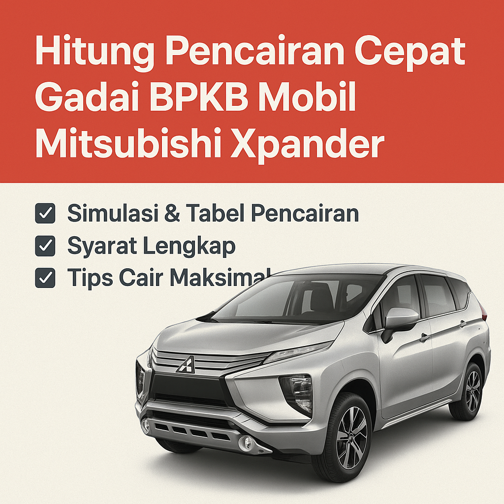 Poster simulasi pencairan gadai BPKB mobil Mitsubishi Xpander dengan poin tips dan syarat.
