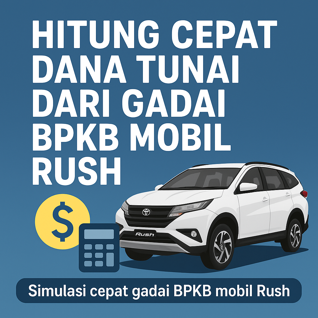 Poster promosi berbahasa Indonesia dengan judul “Hitung Cepat Dana Tunai dari Gadai BPKB Mobil Rush”, menampilkan ilustrasi mobil Toyota Rush putih, ikon dolar kuning, dan kalkulator di latar belakang biru.