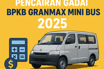 Poster informasi kalkulator pencairan gadai BPKB Granmax Mini Bus 2025 dengan ilustrasi mobil Granmax, ikon kalkulator, dan simbol uang, disertai teks simulasi tabel & tips