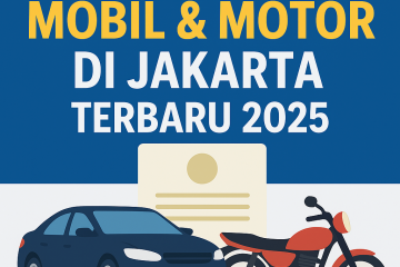 Poster prosedur gadai BPKB mobil dan motor di Jakarta terbaru 2025 dengan ilustrasi mobil, motor, dan dokumen BPKB.