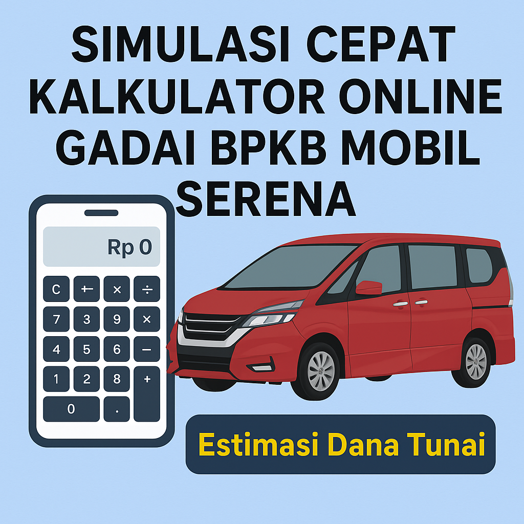 Poster promosi simulasi cepat kalkulator online gadai BPKB mobil Nissan Serena, menampilkan ilustrasi mobil merah tipe Serena di samping kalkulator digital dengan teks utama “Simulasi Cepat Kalkulator Online Gadai BPKB Mobil Serena” dan subteks “Estimasi Dana Tunai”.