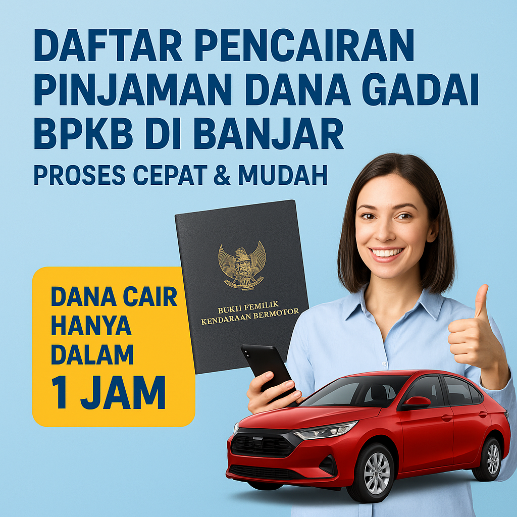 Poster promosi gadai BPKB di Banjar dengan teks daftar pencairan pinjaman dana gadai BPKB di Banjar, proses cepat dan mudah, dana cair hanya dalam 1 jam, menampilkan wanita tersenyum dengan ponsel, mobil merah, dan buku BPKB.