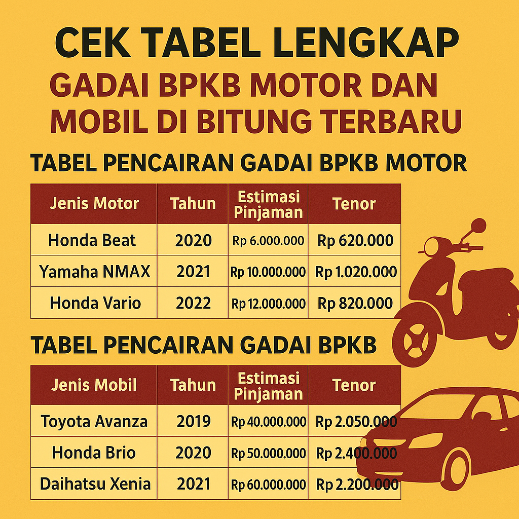 Tabel pencairan gadai BPKB motor dan mobil terbaru di Bitung 2025 lengkap dengan estimasi pinjaman dan cicilan.