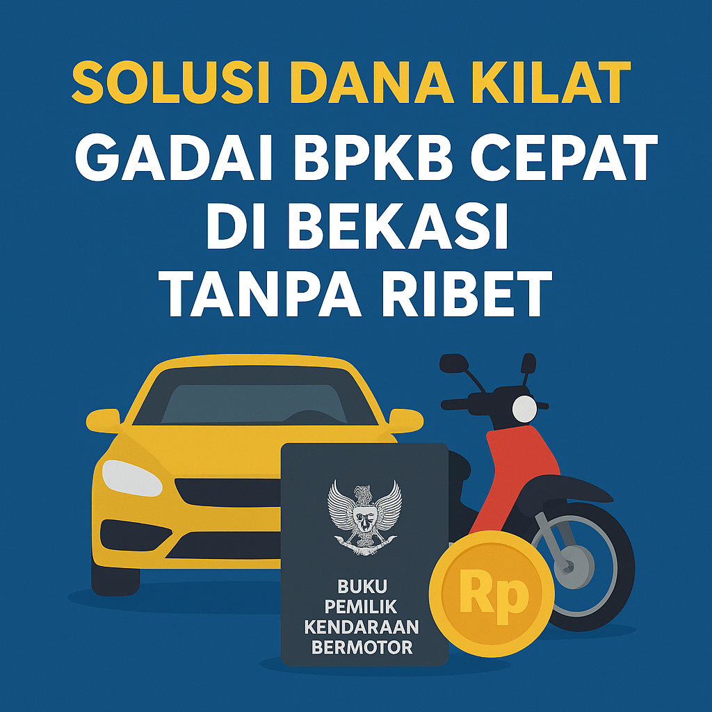 Poster promosi layanan gadai BPKB cepat di Bekasi menampilkan mobil, motor, dokumen BPKB, dan simbol uang Rupiah dengan teks “Solusi Dana Kilat: Gadai BPKB Cepat di Bekasi Tanpa Ribet” di latar biru.