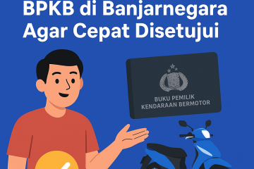 Poster tips ajukan gadai BPKB di Banjarnegara agar cepat disetujui, menampilkan ilustrasi pria memegang BPKB dan motor biru dengan latar biru, menggambarkan proses pengajuan pinjaman dana cepat dan aman.