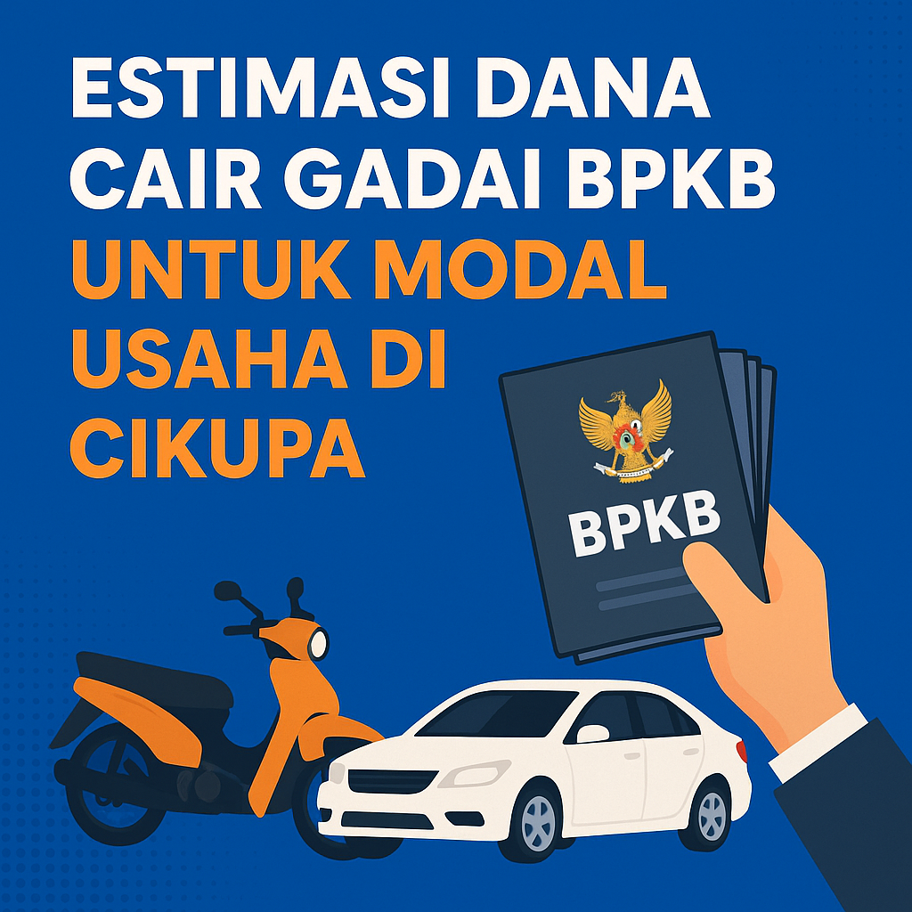 “Poster estimasi dana cair gadai BPKB untuk modal usaha di Cikupa, menampilkan ilustrasi motor, mobil, dan tangan memegang dokumen BPKB