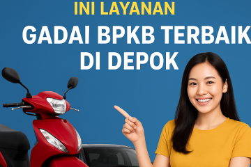 Poster layanan gadai BPKB terbaik di Depok dengan desain 1:1 menampilkan motor, mobil, dan wanita menunjuk ke teks promosi “Butuh Modal Usaha? Ini Layanan Gadai BPKB Terbaik di Depok
