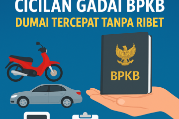 Poster simulasi limit dan cicilan gadai BPKB di Dumai, menampilkan ilustrasi motor, mobil, kalkulator, formulir perhitungan, serta tangan yang memegang buku BPKB dengan judul besar