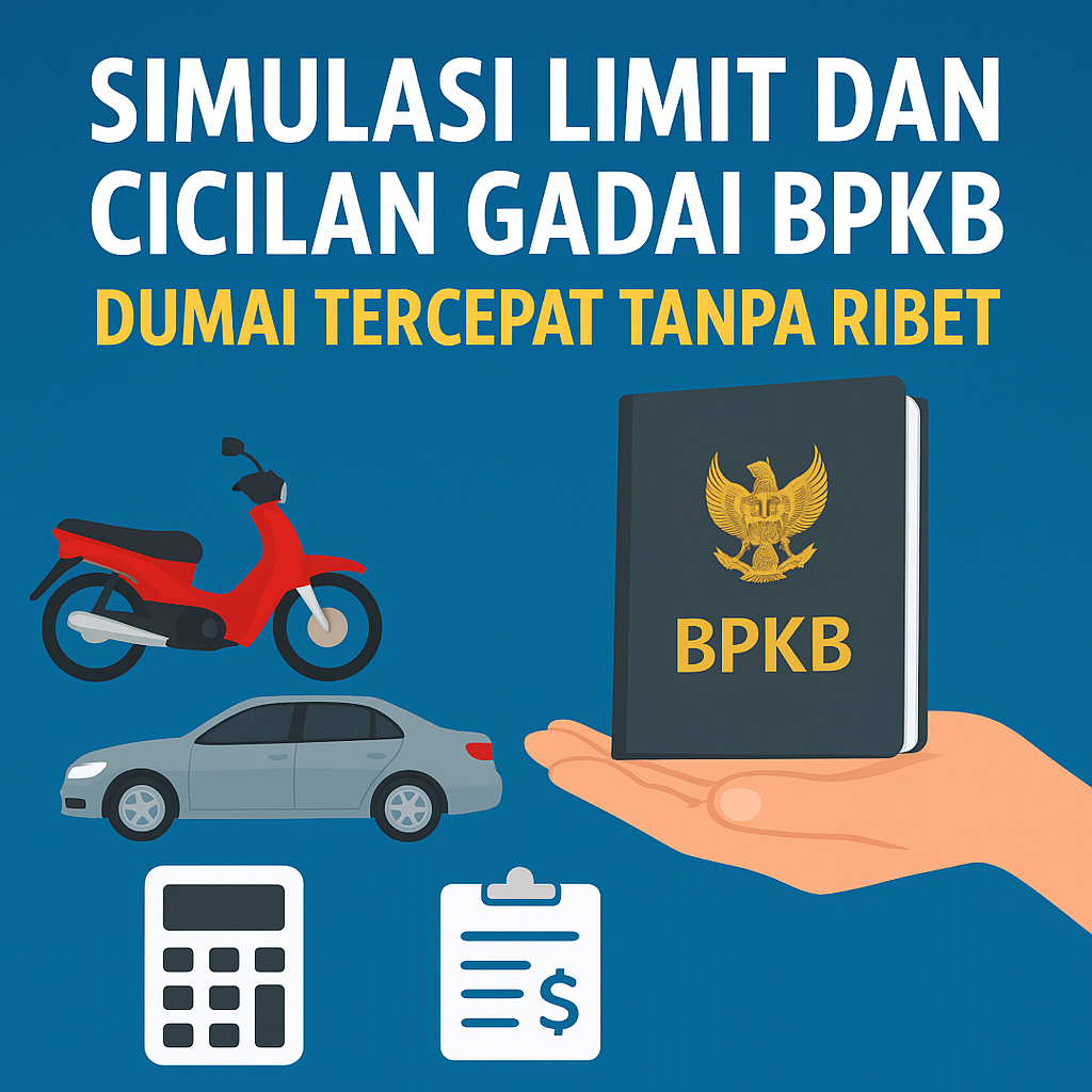 Poster simulasi limit dan cicilan gadai BPKB di Dumai, menampilkan ilustrasi motor, mobil, kalkulator, formulir perhitungan, serta tangan yang memegang buku BPKB dengan judul besar