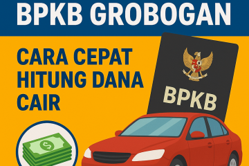 simulasi gadai BPKB Grobogan dengan ilustrasi mobil merah, dokumen BPKB, dan ikon tumpukan uang. Teks utama berbunyi ‘Simulasi Gadai BPKB Grobogan’ dan ‘Cara Cepat Hitung Dana Cair’ dengan desain warna biru dan kuning yang menarik.