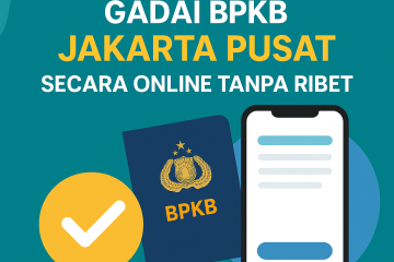 Poster cara cek simulasi gadai BPKB di Jakarta Pusat secara online, menampilkan ilustrasi BPKB, ikon centang, dan ponsel sebagai simbol proses pengecekan yang mudah dan tanpa ribet.