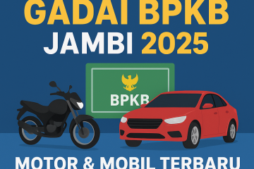 Poster promosi simulasi gadai BPKB Jambi 2025 dengan ilustrasi motor, mobil, dan buku BPKB berwarna hijau, berisi teks “Hitung Simulasi Gadai BPKB Jambi 2025 – Motor & Mobil Terbaru – Cek Simulasi Sekarang” dengan desain warna biru dan kuning.