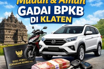 Poster panduan pengajuan mudah dan aman gadai BPKB di Klaten dengan ilustrasi mobil dan motor