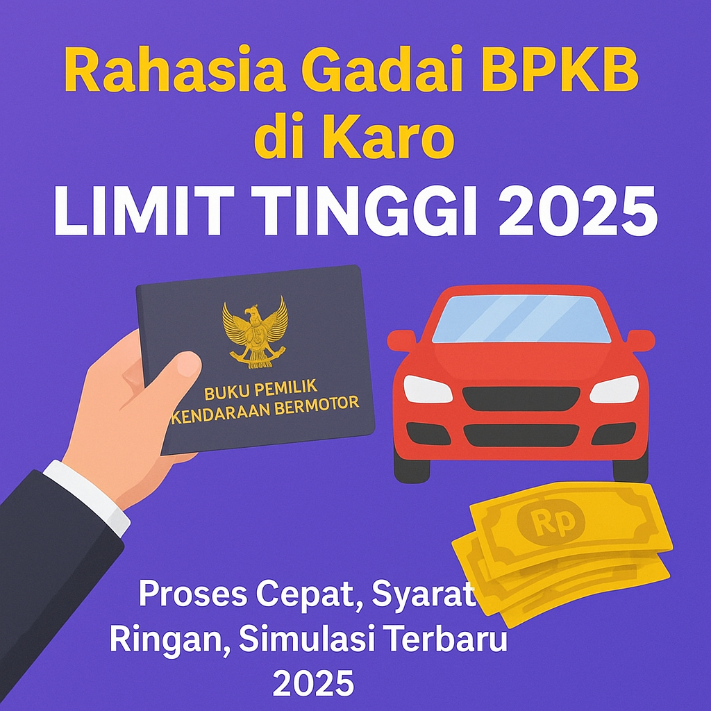 Poster informasi gadai BPKB di Karo dengan limit tinggi tahun 2025, menampilkan BPKB, mobil, dan uang tunai sebagai ilustrasi proses pencairan cepat.