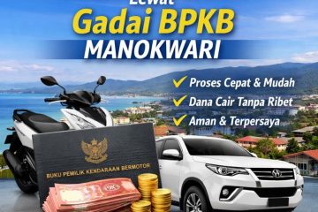 Poster gadai BPKB Manokwari menampilkan motor dan mobil sebagai jaminan pinjaman dana cepat dengan proses mudah dan aman.