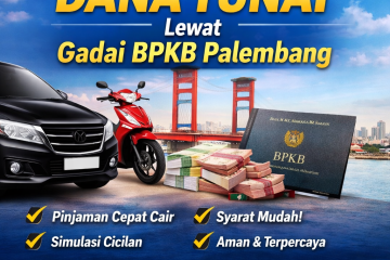 Poster gadai BPKB Palembang menampilkan mobil, motor, dokumen BPKB, dan uang tunai dengan latar Jembatan Ampera serta teks promosi pinjaman cepat cair dan syarat mudah.
