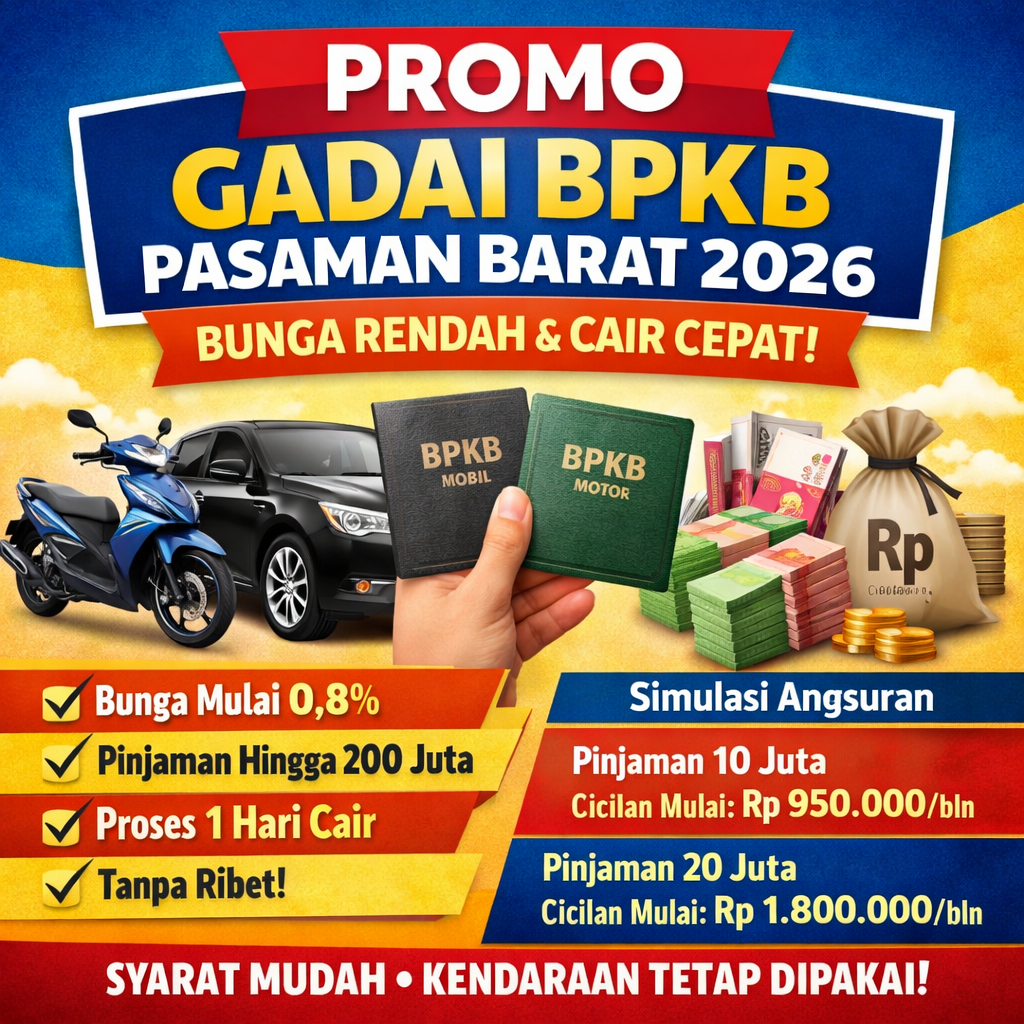 Poster promo gadai BPKB Pasaman Barat 2026 dengan bunga rendah dan cair cepat, menampilkan motor, mobil, buku BPKB, uang rupiah, serta simulasi angsuran pinjaman 10 juta dan 20 juta.