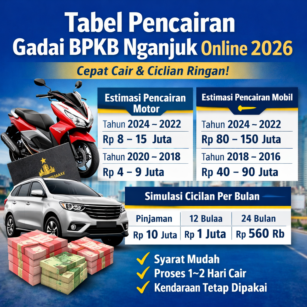 Tabel pencairan gadai BPKB motor dan mobil di Nganjuk terbaru 2026