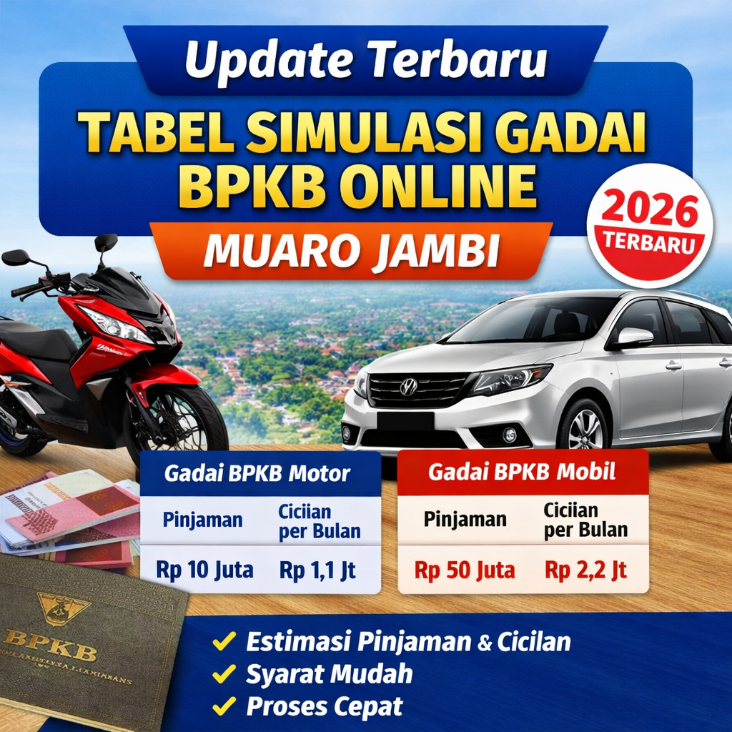 Poster update terbaru tabel simulasi gadai BPKB online Muaro Jambi 2026 dengan ilustrasi motor, mobil, dan contoh cicilan pinjaman